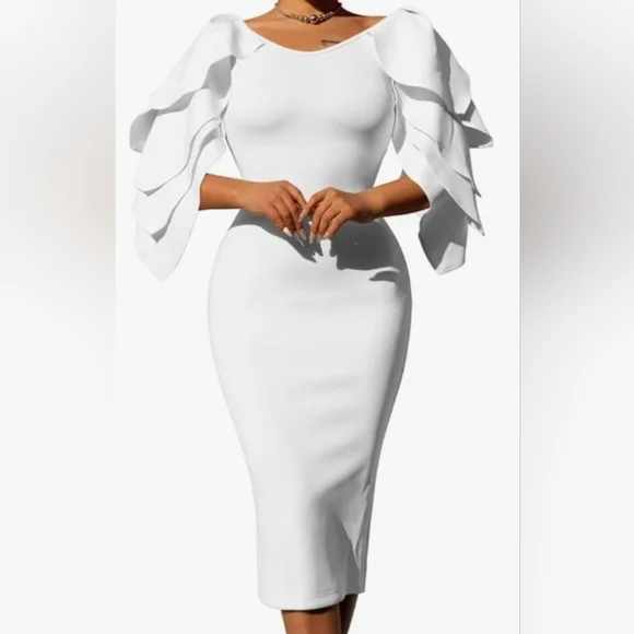White Midi Dress with Layered Ruffle Sleeves summer bride wedding - Picture 1 of 3